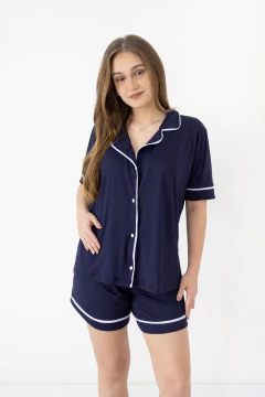 Short Doll Americano Liso Azul Marinho com Viés Branco na internet