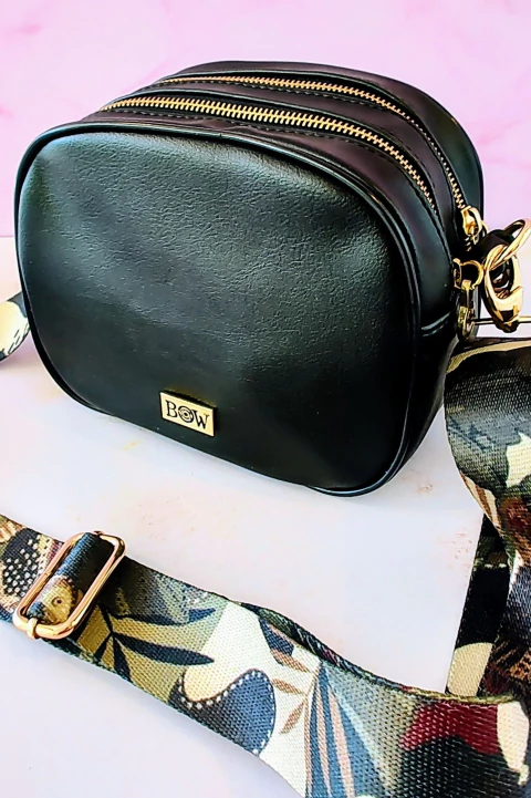 Bandolera Brooklyn negra con correa regulable diseño hojas. Herrajes dorados. - comprar online