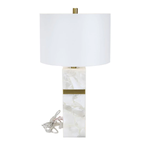 Abajur de Mesa em Alabastro com Detalhe em Metal e Cúpula de Tecido