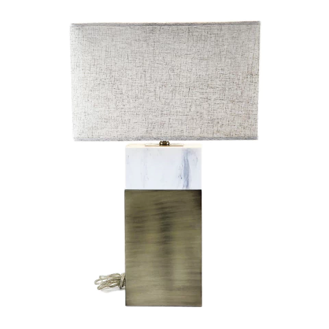 Abajur de Mesa em Resina e Mármore com Cúpula de Tecido Retangular