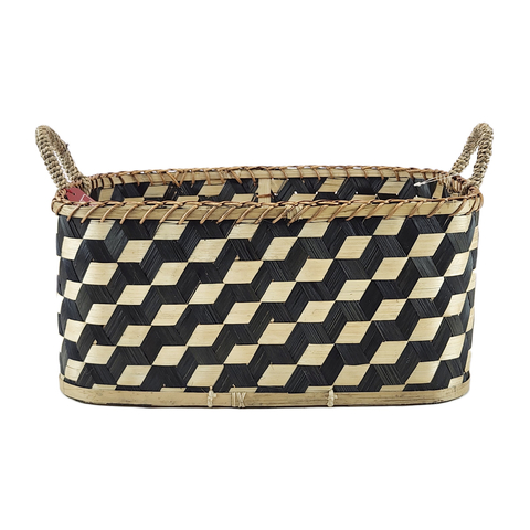 Cesto de Palha Natural Retangular Preto e Marfim - G