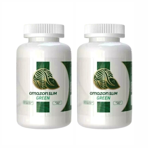 Dois frascos brancos do suplemento Amazon Slim Green com rótulo verde e dourado