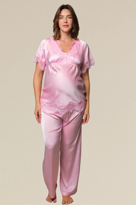 Viena Pijama Longo Manga Curta Cetim - comprar online