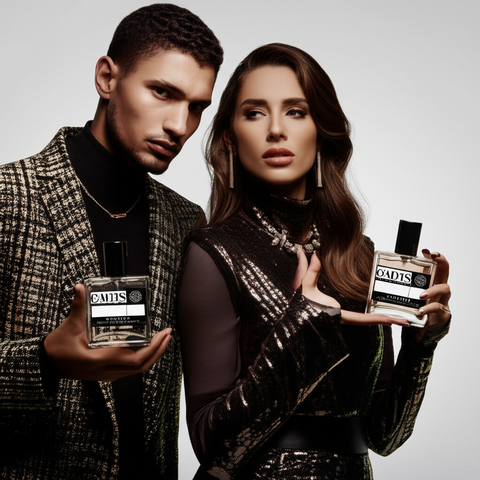 Frascos do perfume Similar Gadis 1167, inspirado em Psychedelic Love, segurados por um casal elegante