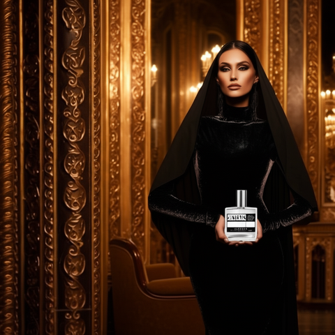 Mulher elegante segurando perfume contratipo Similar Sabah Al Ward Gadis em ambiente luxuoso com decoração dourada