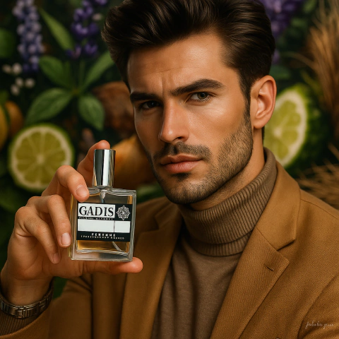 Homem segurando frasco de perfume Gadis N° 01 contratipo 212 Men com notas amadeiradas e aromáticas