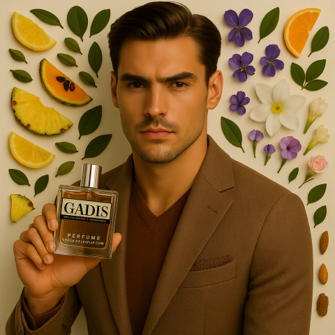 Homem segurando perfume contratipo Gadis inspirado no CK One, com frutas cítricas e flores ao fundo
