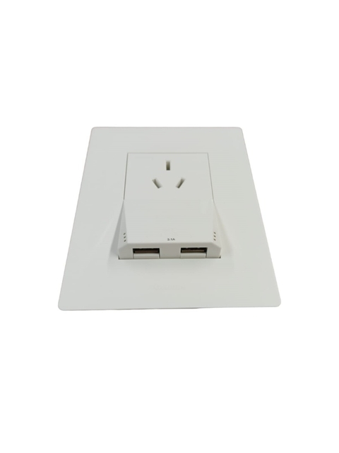 LLAVE ARMADA TOMACORRIENTE 10A + TOMA USB DOBLE BLANCO BAUHAUS + TAPA ARTE BLANCO DISTANCIADOR BLANCO (CAMBRE)