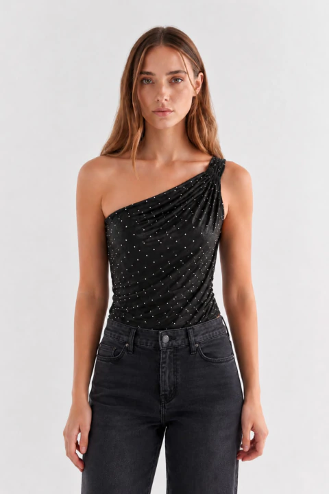 Top Un Hombro Tull Strass.