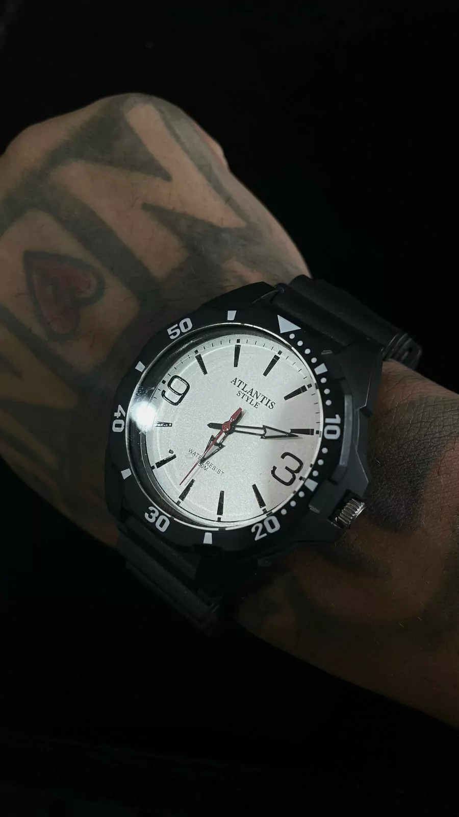 Relógio Masculino Atlantis Preto Branco Pulseira de borracha prova dagua