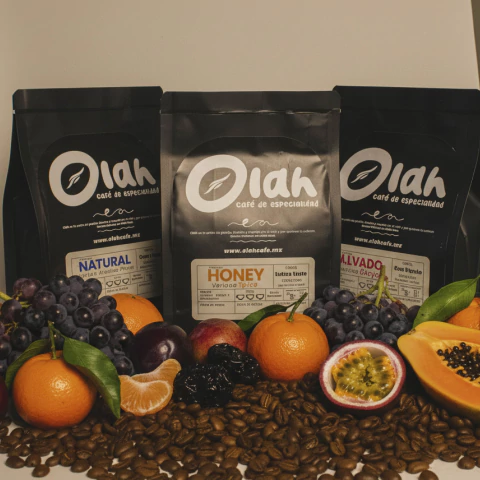 Tres Bolsas de café Olah de especialidad con etiquetas Natural, Honey y Lavado, rodeados de frutas frescas como uvas, mandarinas, maracuyá, ciruelas y papaya, sobre granos de café.