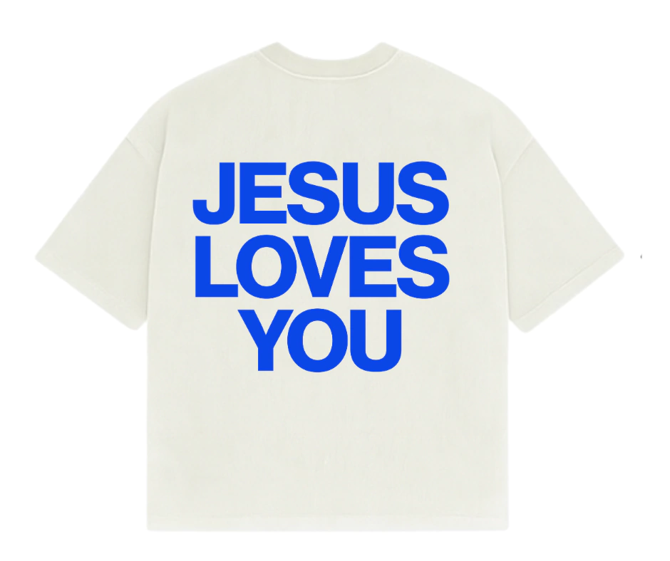 Camiseta Branca “Jesus loves you” escrita azul