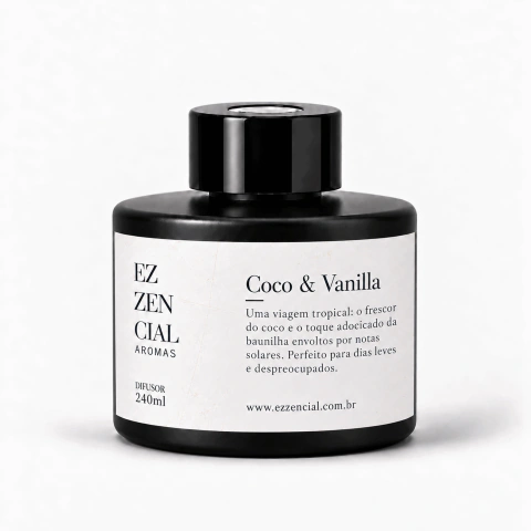 Coco & Vanilla Difusor de Ambiente 240ml Preto Fosco - Linha Premium Ezzencial