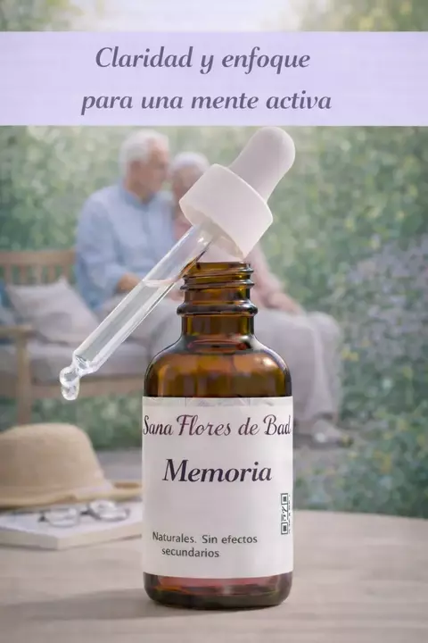 Preparado floral Memoria de Sana Flores de Bach, fórmula natural para acompañar a adultos mayores, favoreciendo la claridad mental, la concentración y el bienestar emocional.