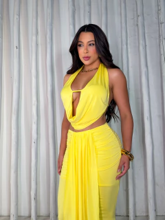 Conjunto Longo Celebrar - Decote Drapeado & Fenda Elegante