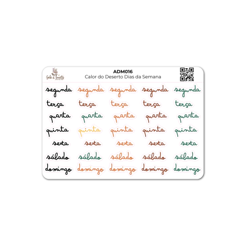 Calor do Deserto Dias da Semana - Cartela de Adesivos