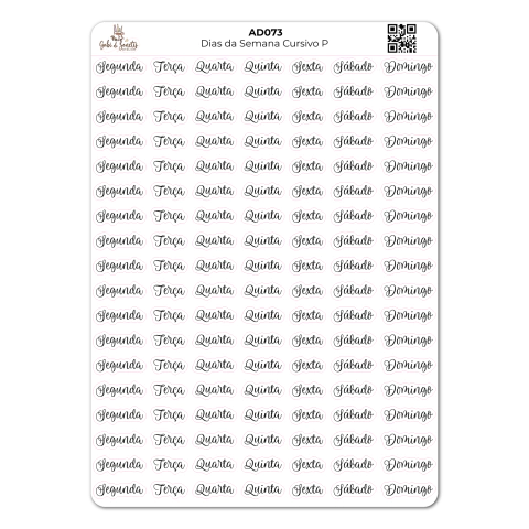 Dias da Semana Cursivo Pequeno - Cartela de Adesivos