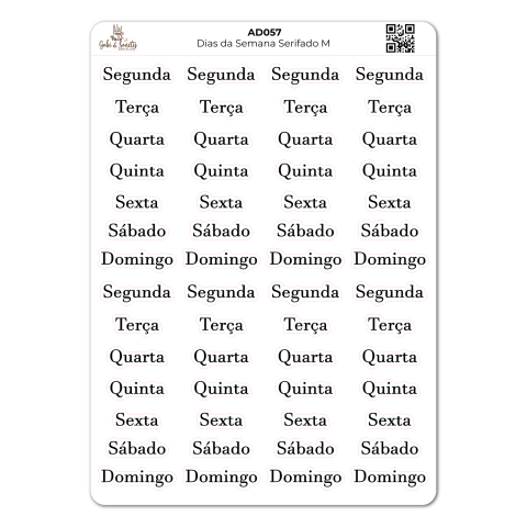 Dias da Semana Serifado Médio - Cartela de Adesivos