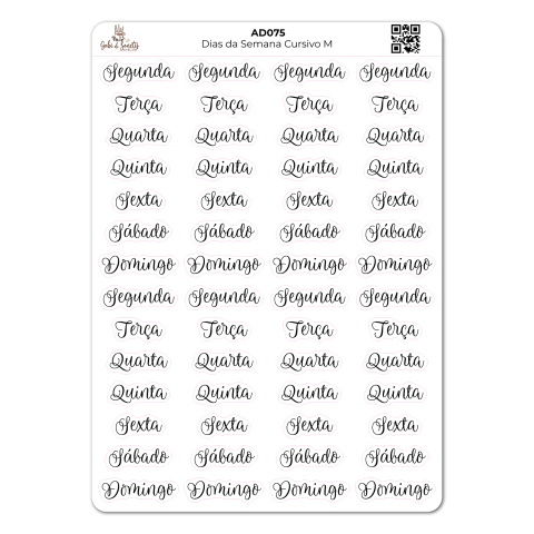 Dias da Semana Cursivo Médio - Cartela de Adesivos