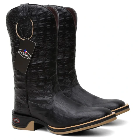 Bota Texana Masculina Croco em Couro Preto