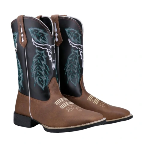 Bota Texana Masculina Cara de Boi Folhagem Verde em Couro