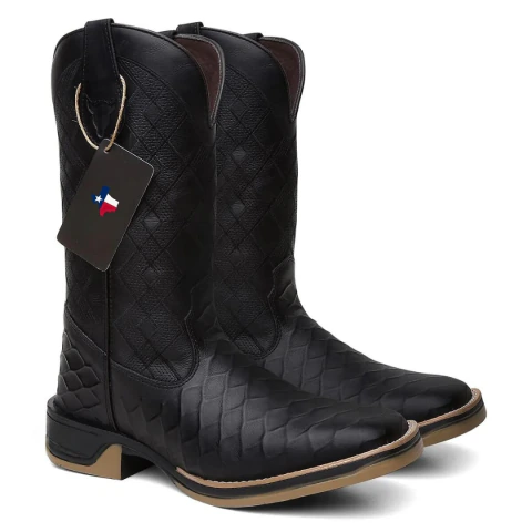 Bota Texana Masculina Quadriculada em Couro Preto