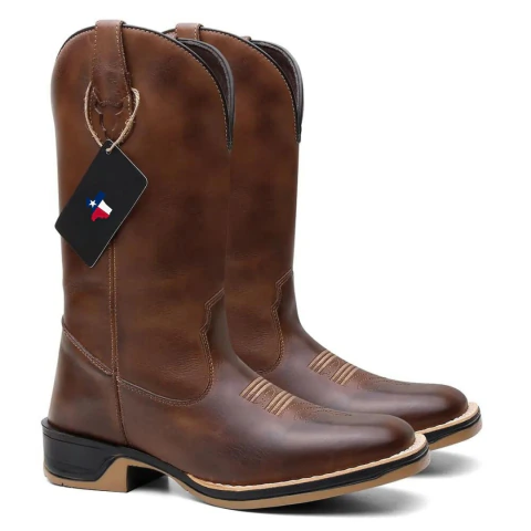 Bota Texana Masculina Lisa em Couro Café