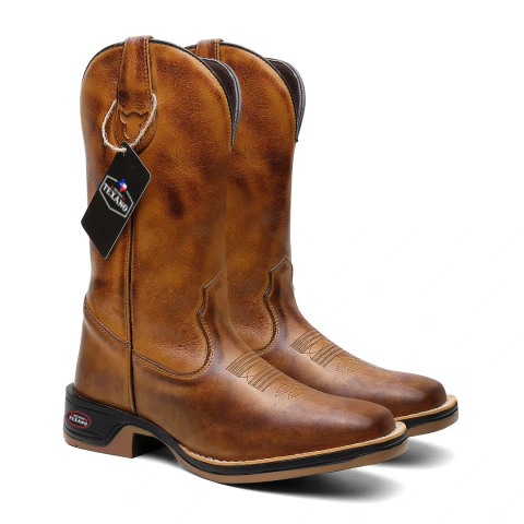 Bota Texana Masculina Lisa em Couro Whisky