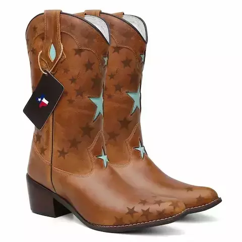 Bota Texana Feminina Bico Fino em Couro Marrom Stars - comprar online