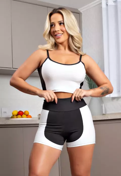 Conjunto Short Cintura Alta e Cropped Alcinha Preto com Branco MOVE BALANCE CSV24