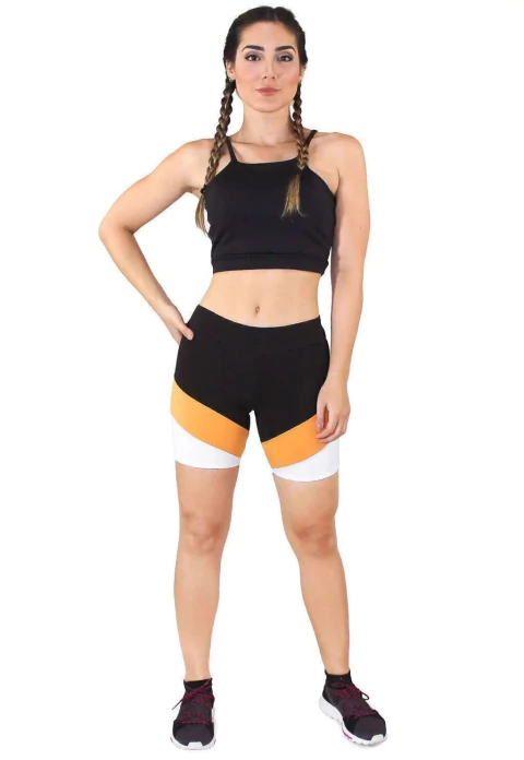Conjunto Cropped Preto e Shorts Com Faixas Preto Com Branco e Amarelo MOVE BALANCE LXO52