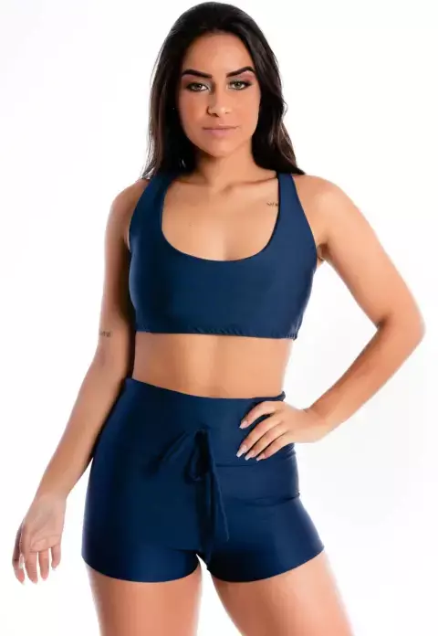 Conjunto Cropped Liso e Short Liso Azul Marinho MOVE BALANCE LX224