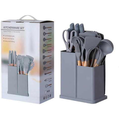 Juego De Utensilios De Silicona Mango Madera X 19 Piezas