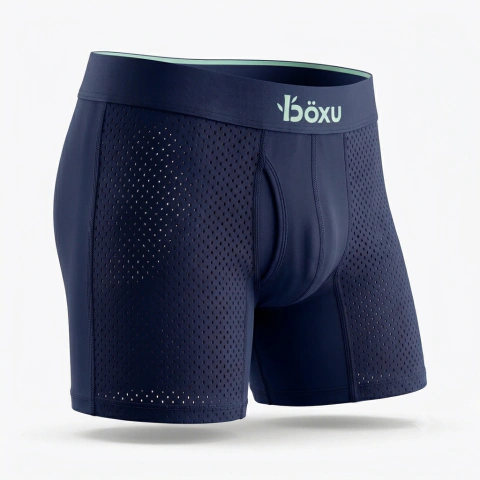 Boxer largo para hombre color azul marino con diseño microperforado y cintura elástica con logo Boxu