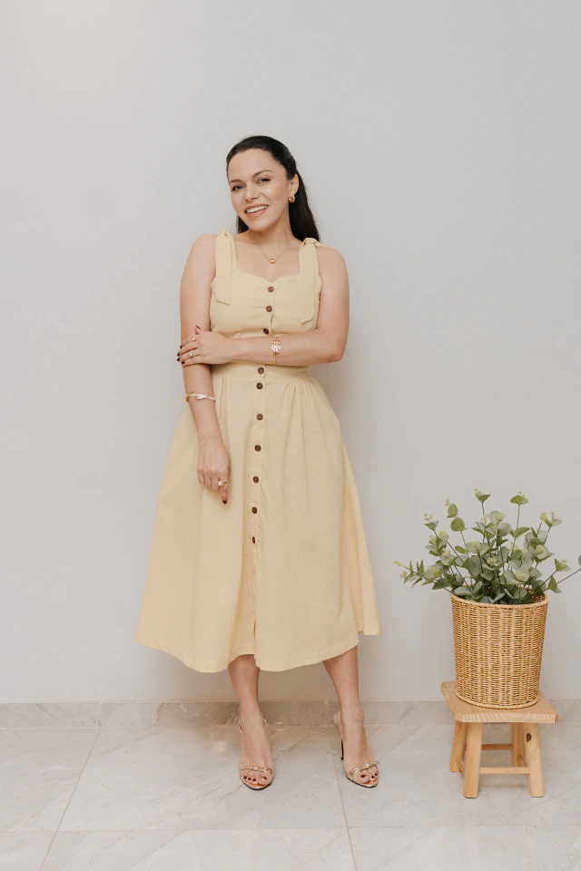 Vestido Midi Bucólico Amarelo Manteiga na internet