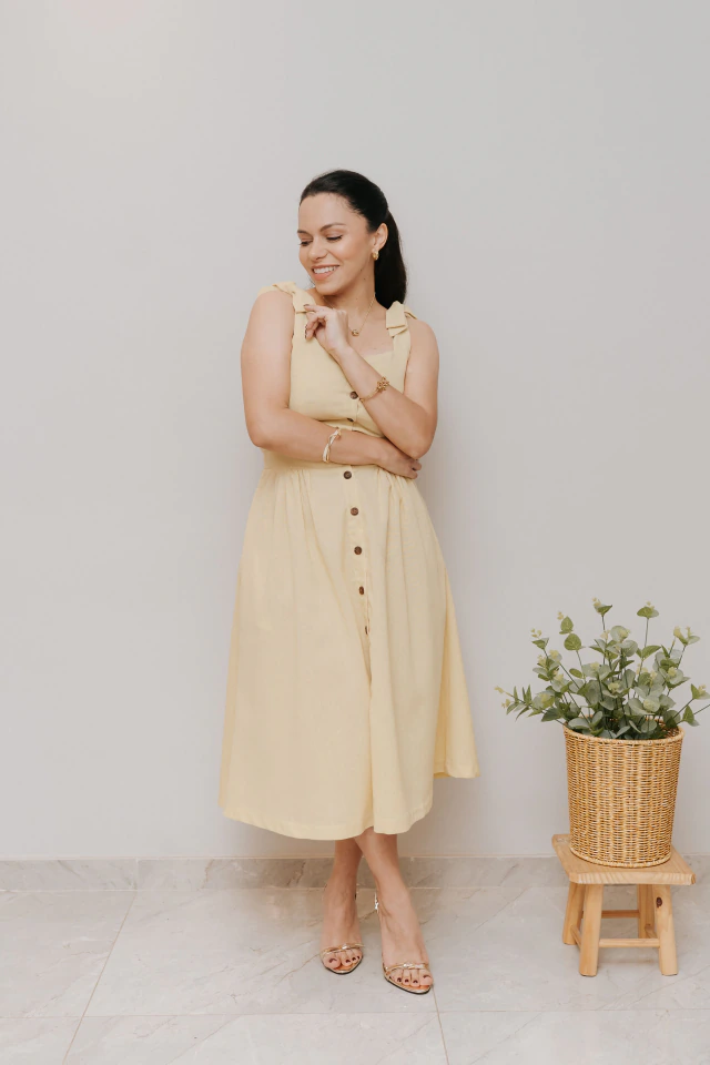 Vestido Midi Bucólico Amarelo Manteiga na internet