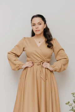 Vestido Transpassado Sementeira Lã Batida Areia