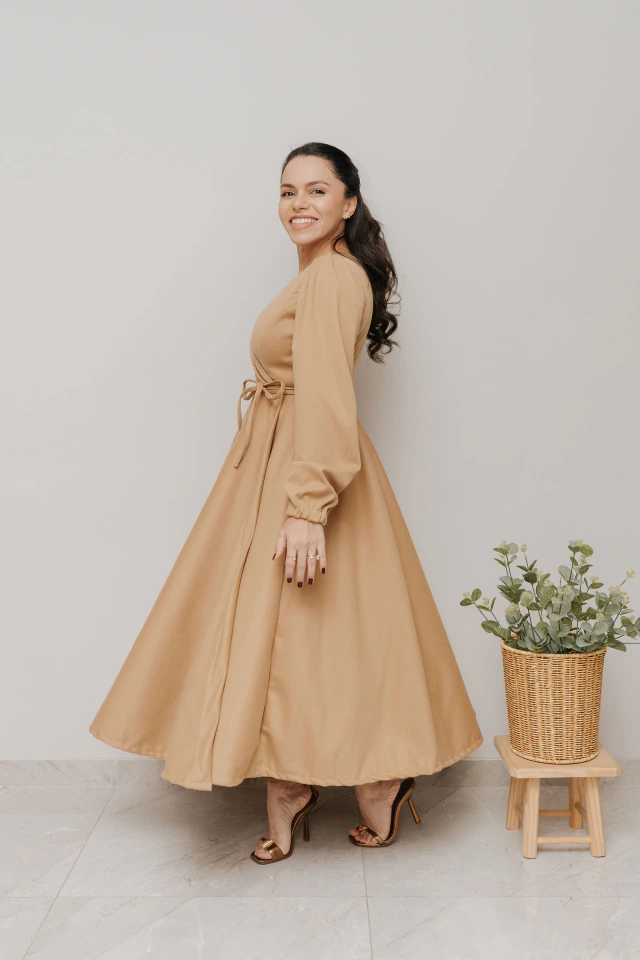 Vestido Transpassado Sementeira Lã Batida Areia - loja online