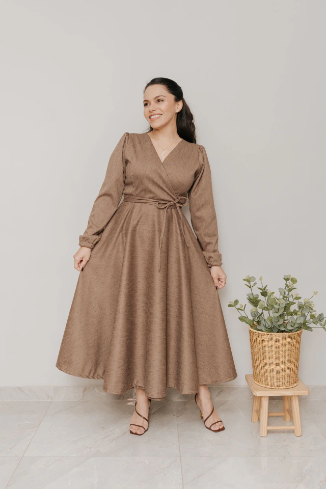 Vestido Transpassado Sementeira Lã Batida Marrom