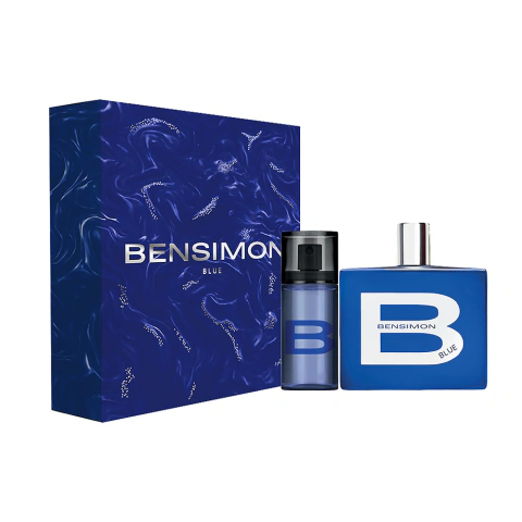 Cofre de fragancia Bensimon Blue para hombre, incluye eau de parfum de 100 ml y cool spray, con estuche azul elegante.