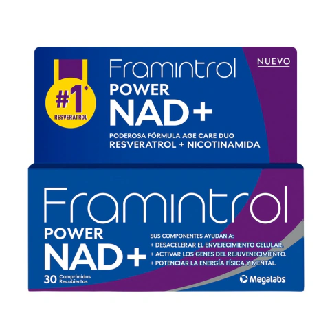 Framintrol Power NAD+ caja de 30 comprimidos recubiertos, suplemento antienvejecimiento con resveratrol y nicotinamida de Megalabs. 7791763338815 - Farmamix