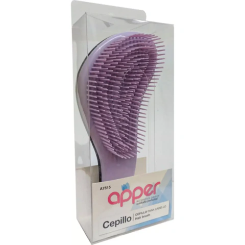 Cepillo desenredante de cabello Apper en color lila, presentado en su empaque transparente, ideal para el cuidado capilar.