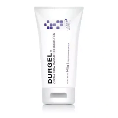 Envase de Durgel crema para masajes reductores de 140 gramos, producto argentino para el cuidado corporal.
