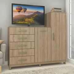 Imagem do Cômoda 2 Portas 5 Gavetas com Cabideiro e Pés Chicago