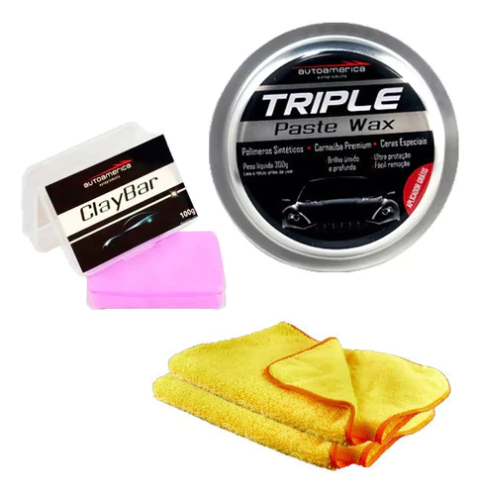 Kit Autoamerica Cera Carnaúba Claybar+ 02 Flanela Microfibra