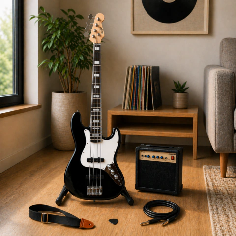 Pack Bajo Eléctrico Sunset JB98R Negro + Amplificador 15W + Cable