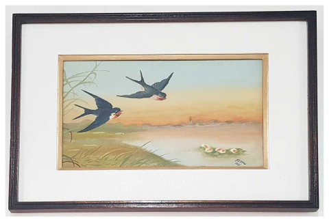 Quadro Pintura a Óleo - Pássaros em Galho com Vista Lagoa - Ost 52X38 (MAR 53) - comprar online