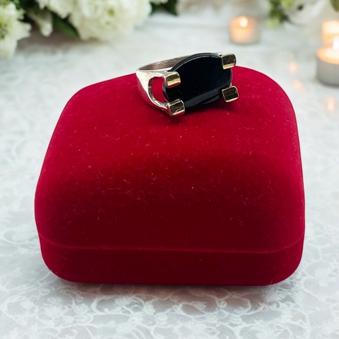 AG-27-GR Anillo Piedra Ovalada Ónix Plata y Oro (SIN ESTUCHE)