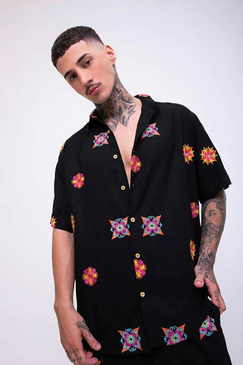 camisa linho bordada preto - comprar online