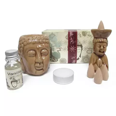 Kit Presente Rechaud de Cerâmica Buda com Essência de Baunilha 5ml e Incensário